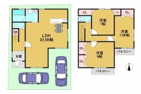 全居室６帖以上！ＬＤＫ約２２帖と広々３ＬＤＫの間取り！
駐車２台可能で前道約６ｍで駐車が苦手な方も安心♪
周辺施設が徒歩圏内に充実！南向きで陽当たり良好◎